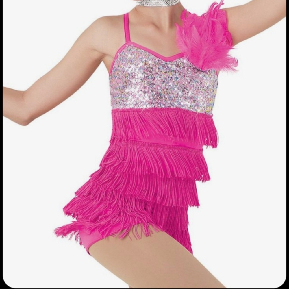 Kids Pink Sequin Fringe Dance Costume
